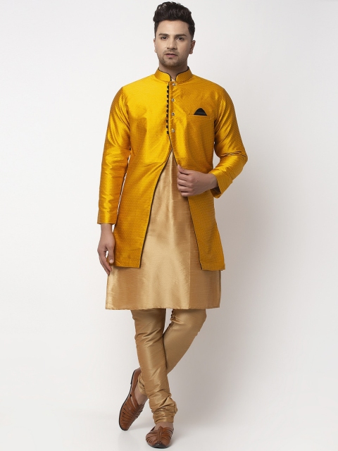 

Benstoke Men Gold-coloured & Yellow Self-Design Sherwani Set