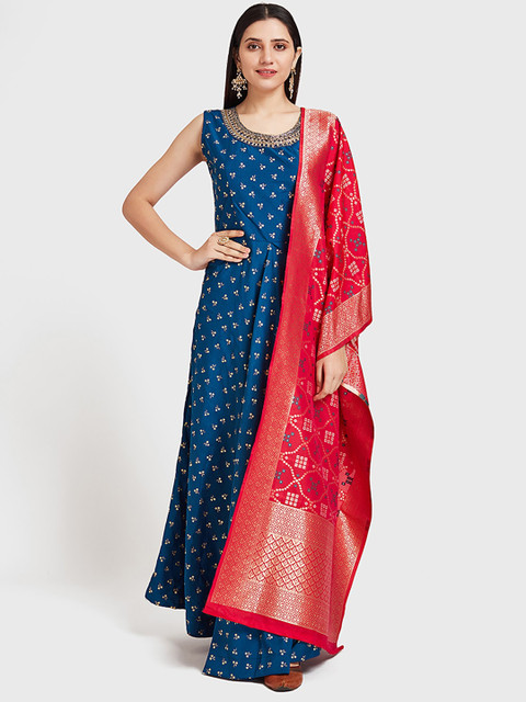 

Neerus Women Blue & Red Printed Kurta with Palazzos & Dupatta