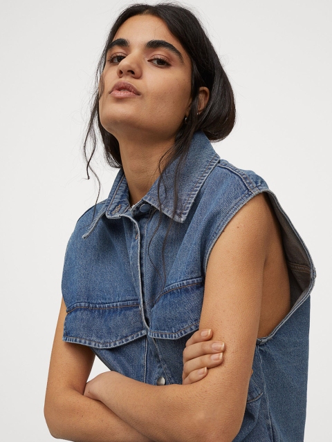 

H&M Women Blue Solid Sleeveless Shirt Jacket