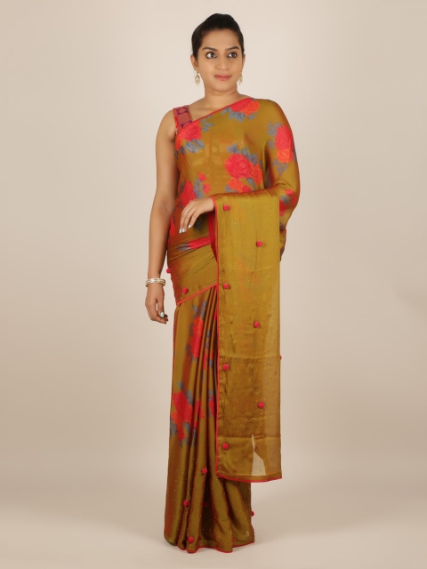 

Pothys Olive Green & Pink Poly Chiffon Printed Saree