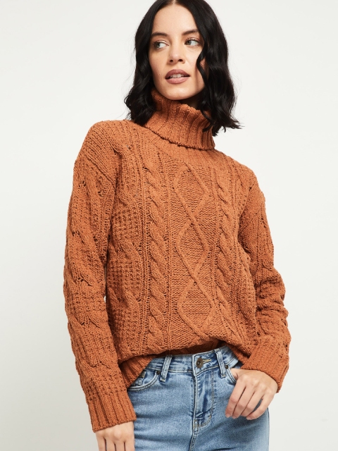 

max Women Brown Self Design Pullover Sweater