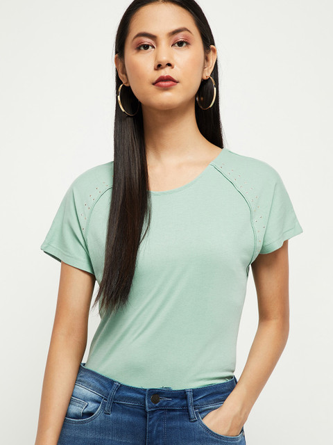 

max Women Green Solid Round Neck Pure Cotton T-shirt