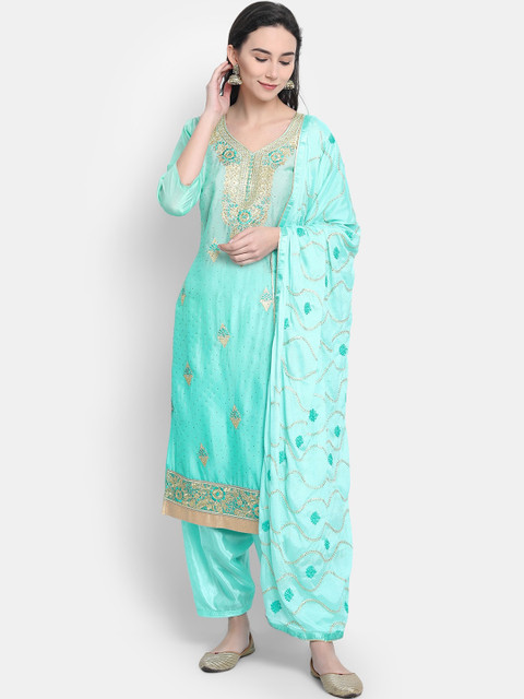 

7Threads Sea Green & Gold-Toned Embroidered Raw Silk Semi-Stitched Dress Material