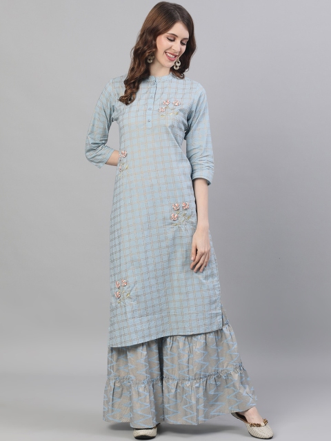 

Ishin Women Blue Checked Kurta with Sharara