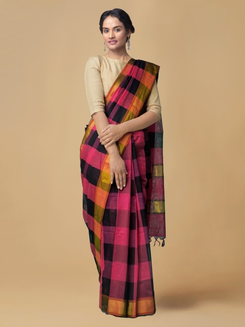 

Unnati Silks Black & Pink Pure Cotton Checked Venkatgiri Saree