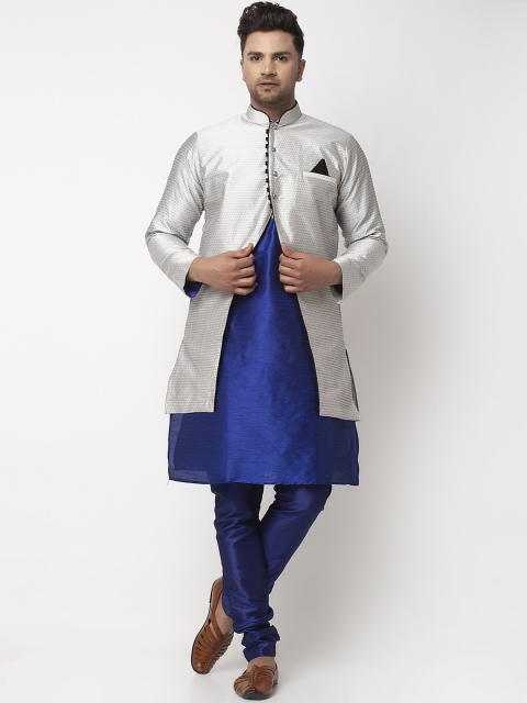

Benstoke Men Blue & Silver-Coloured Self-Design Sherwani Set