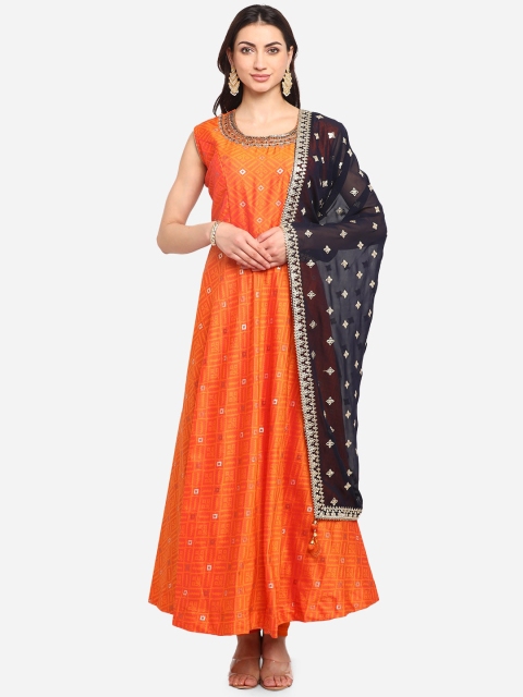 

BOMBAY SELECTIONS Women Orange Self Design Kurta with Churidar & Dupatta