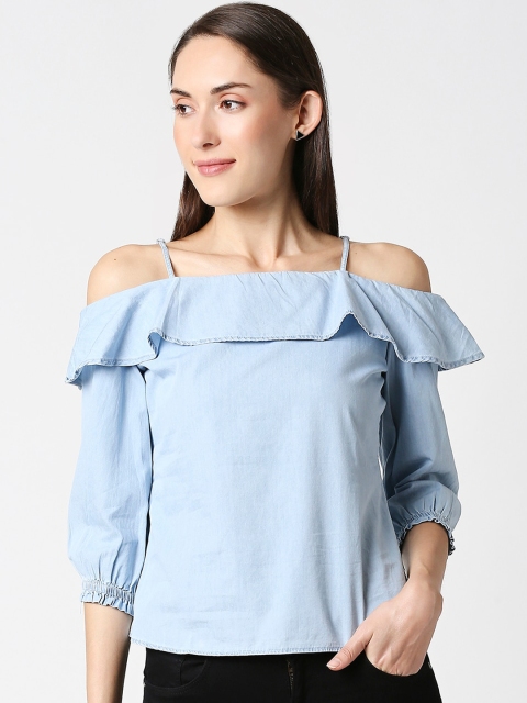 

Kraus Jeans Blue Cold-Shoulder Sleeves Bardot Top