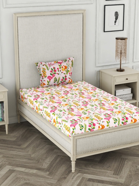 BIANCA White & Pink Floral 110 TC Cotton 1 Single Bedsheet with 1 Pillow Cover
