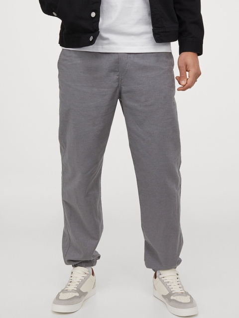 

H&M Men Grey Solid Regular Fit Linen-Mix Joggers