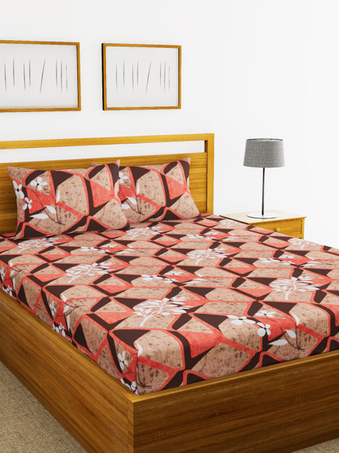

BIANCA Peach-Coloured & Maroon Floral 144 TC Cotton 1 King Bedsheet with 2 Pillow Covers