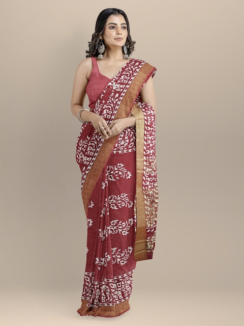 

BharatSthali Red & Off-White Pure Cotton Printed Venkatgiri Saree