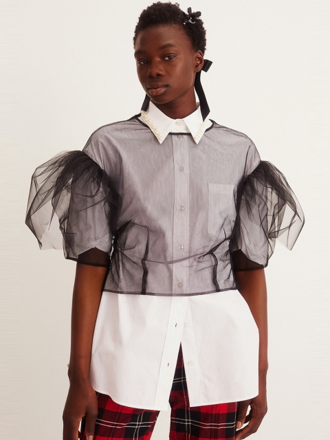 

H&M Women Black Puff-sleeved tulle top