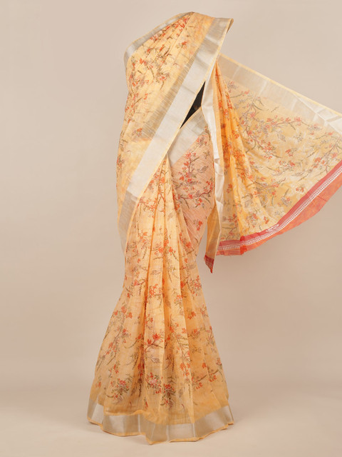 

Pothys Orange & Silver-Toned Jute Silk Printed Saree