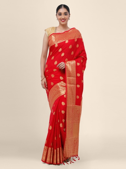

Bangalore Silk Emporium Red & Gold-Toned Linen Blend Woven Design Handloom Saree