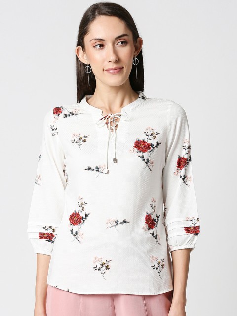 

Kraus Jeans White Floral Printed Tie-Up Neck Top