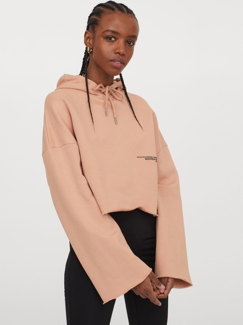 

H&M Women Beige & Black Printed Pure Cotton Cropped Sustainable Hoodie