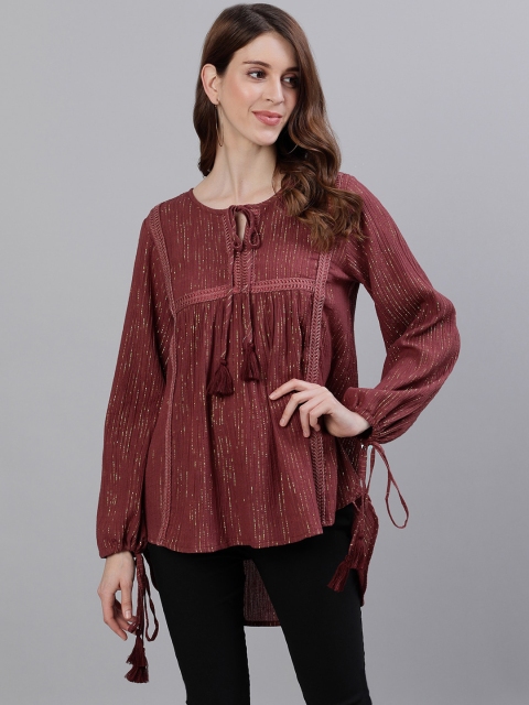 

Ishin Maroon Striped Tie-Up Neck Puff Sleeves High-Low Top