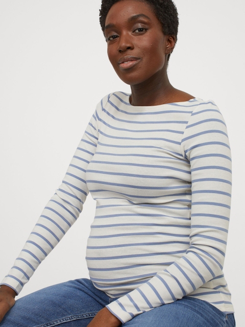H&M Women MAMA White & Blue Cotton Jersey Sustainable Top