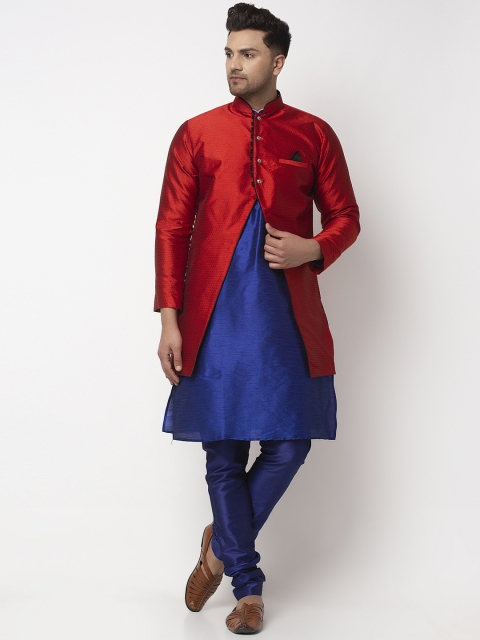 

Benstoke Men Blue & Red Self-Design Sherwani Set