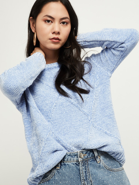 

max Women Blue Self Design Pullover Sweater