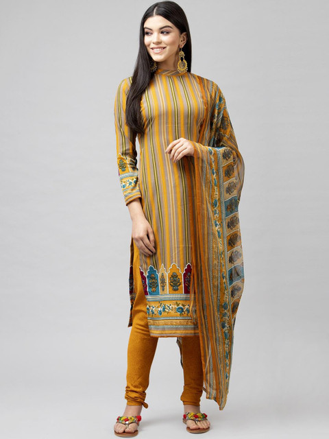 

Satrani Mustard & Teal Poly Crepe Unstitched Dress Material
