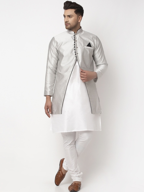 

Benstoke Men White & Silver-Coloured Self-Design Sherwani Set