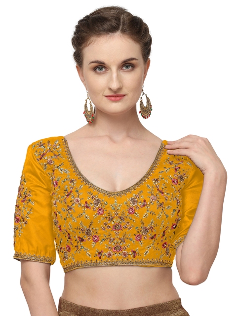 

RIYA Women Mustard Yellow & Gold-Coloured Embroidered Readymade Saree Blouse