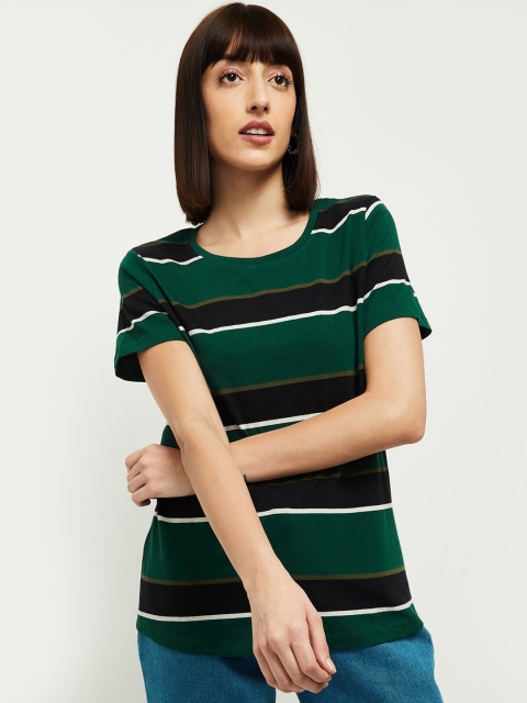 

max Women Green Black Striped Round Neck Cotton Pure Cotton T-shirt