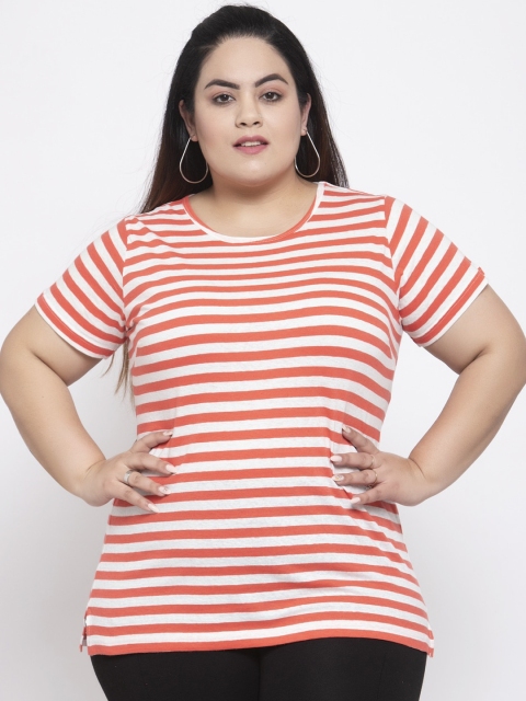 

plusS Women Orange & White Striped Round Neck T-shirt