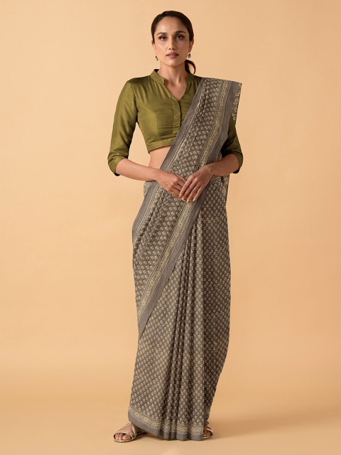 

Taneira Grey Pure Cotton Printed Block Print Ajrakh Saree