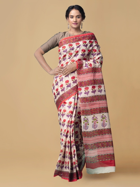 

Unnati Silks Cream-Coloured Pure Cotton Printed Kovai Handloom Saree