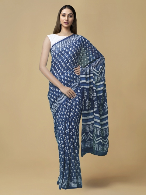 

Unnati Silks Blue Pure Cotton Printed Dabu Saree