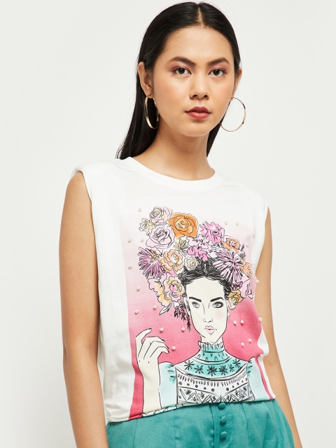 

max Women Cream-Coloured & Pink Printed Round Neck T-shirt