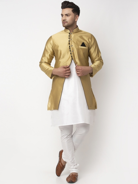 

Benstoke Men White & Gold-Coloured Self-Design Sherwani Set