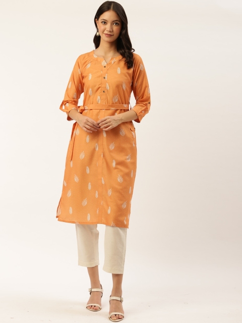 

shiloh Women Orange Ethnic Motifs Printed Kurta With Belt Detailing