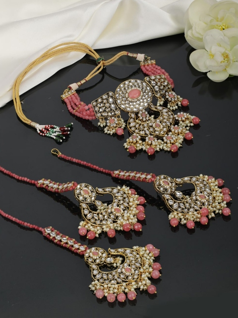 

Priyaasi Gold-Plated White & Pink Kundan-Studded Pearls Beaded Handcrafted Jewellery Set