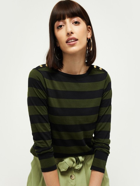 

max Women Green Striped Round Neck Cotton Pure Cotton T-shirt
