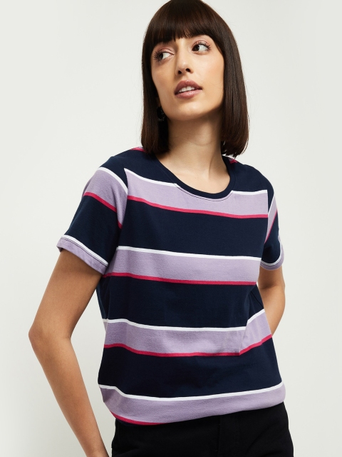 

max Women Blue Striped Round Neck Cotton Pure Cotton T-shirt