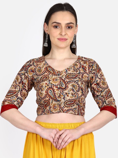 

THE WEAVE TRAVELLER Women Beige & Maroon Kalamkari Hand Block Printed Readymade Sustainable Blouse