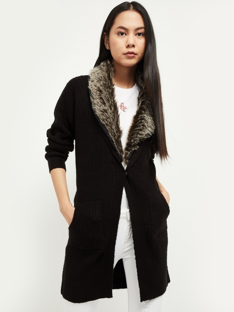 

max Women Black & Brown Ribbed Cardigan with Fuzzy Detail