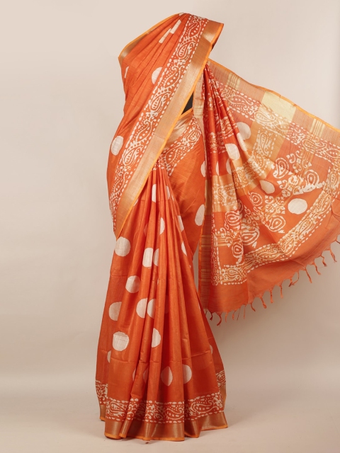 

Pothys Orange Batik Printed Linen Blend Saree