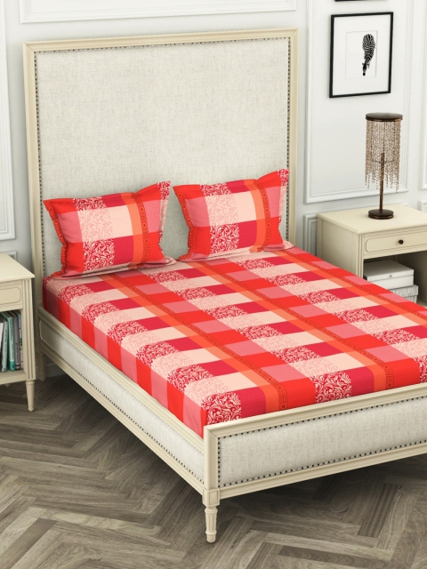 

BIANCA Coral Orange & Pink Geometric 110 TC Cotton King Bedsheet & 2 Pillow Covers