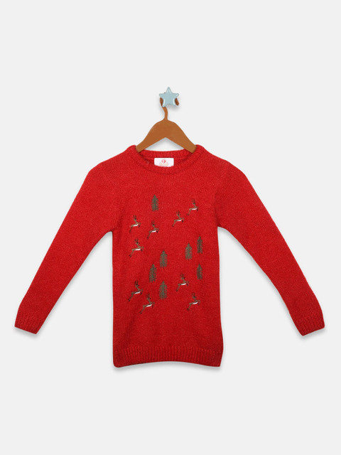 

OWM Girls Red Embroidered Pullover Sweater