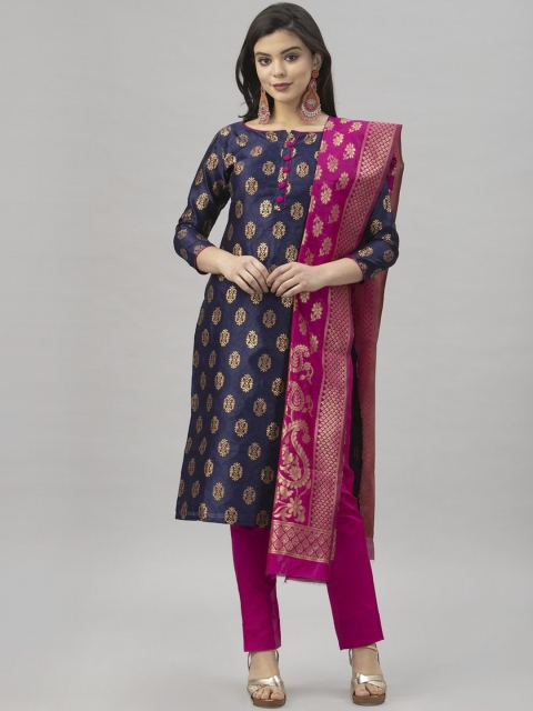 

Satrani Navy Blue & Pink Poly Silk Unstitched Dress Material