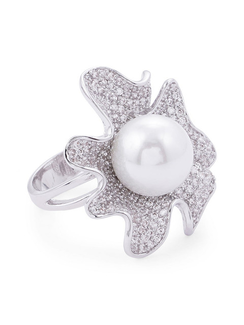 

shaze Women Silver-Plated CZ-Studded Pearl Bloom Finger Ring