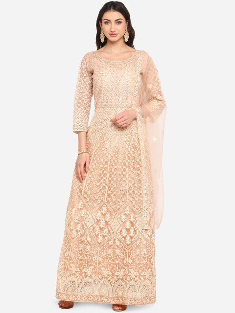 

BOMBAY SELECTIONS Women Peach-Coloured Embroidered Kurta with Churidar & Dupatta