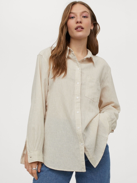 

H&M Women Beige Linen Blend Shirt