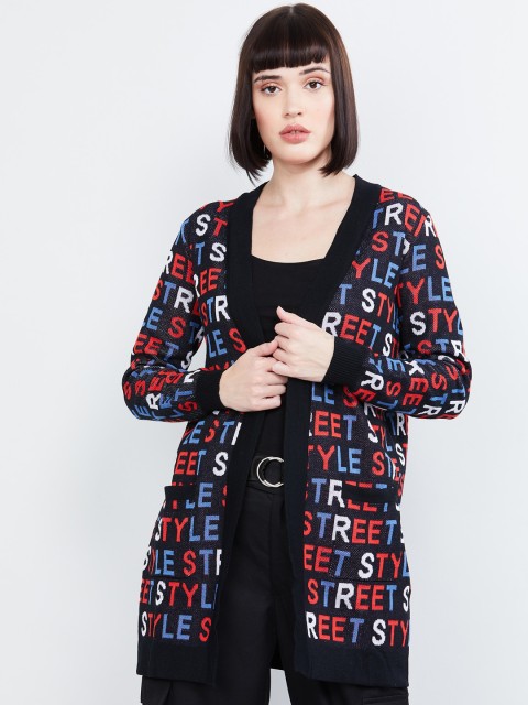 

max Women Black & Blue Printed Open Front Shrug