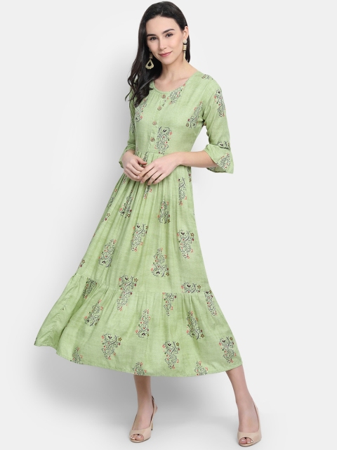 

7Threads Women Green Floral Printed Bell Sleeves Kurta